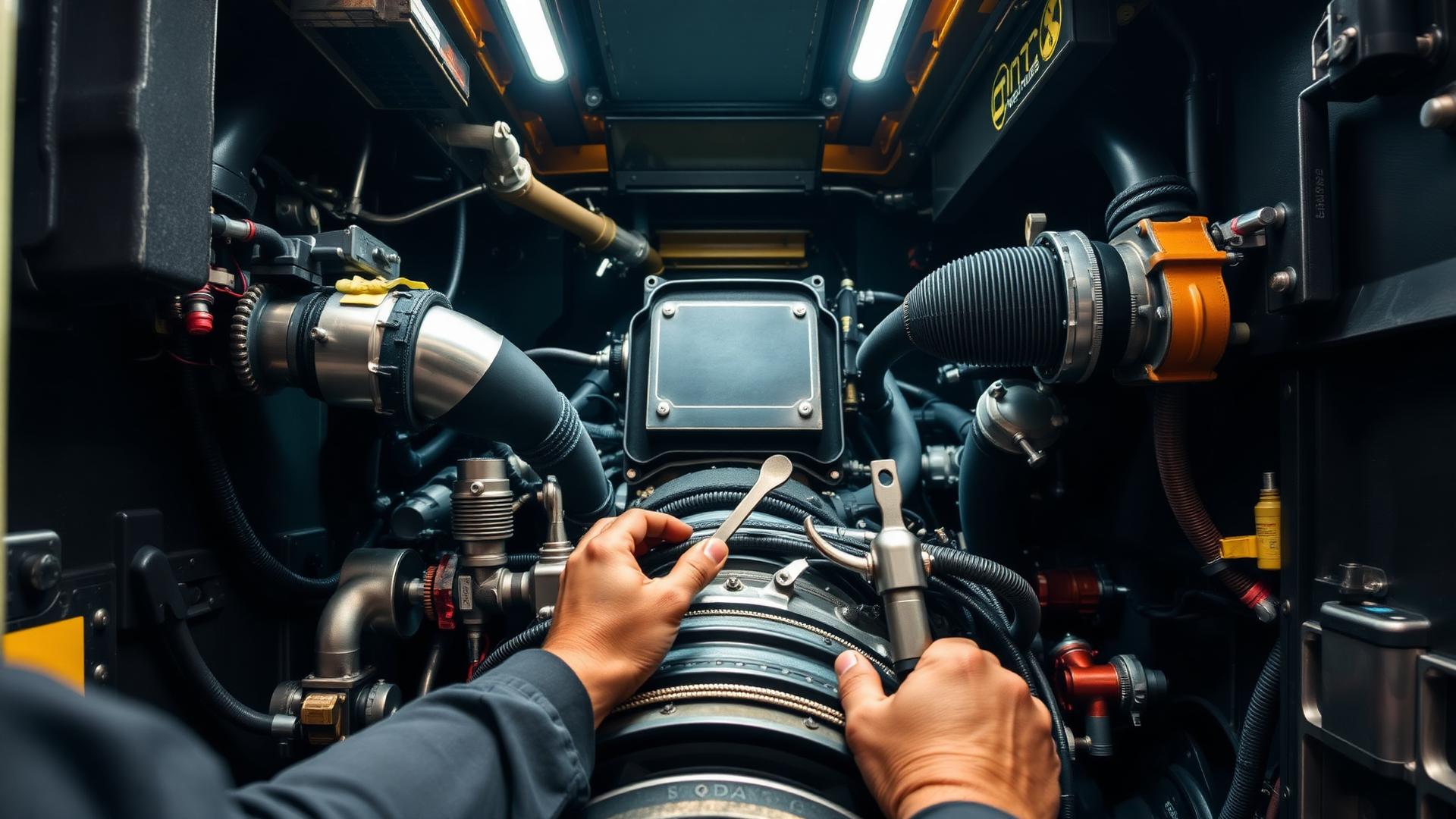 Mechanic servicing a heavy truck diesel engine in a modern workshop